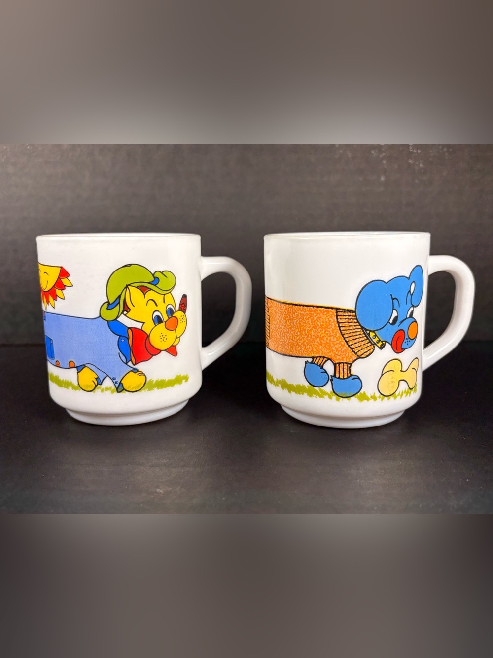 Vintage Arcopal France HARIBO Dog Mugs Set of 2 Opal Glass Retro 1970s